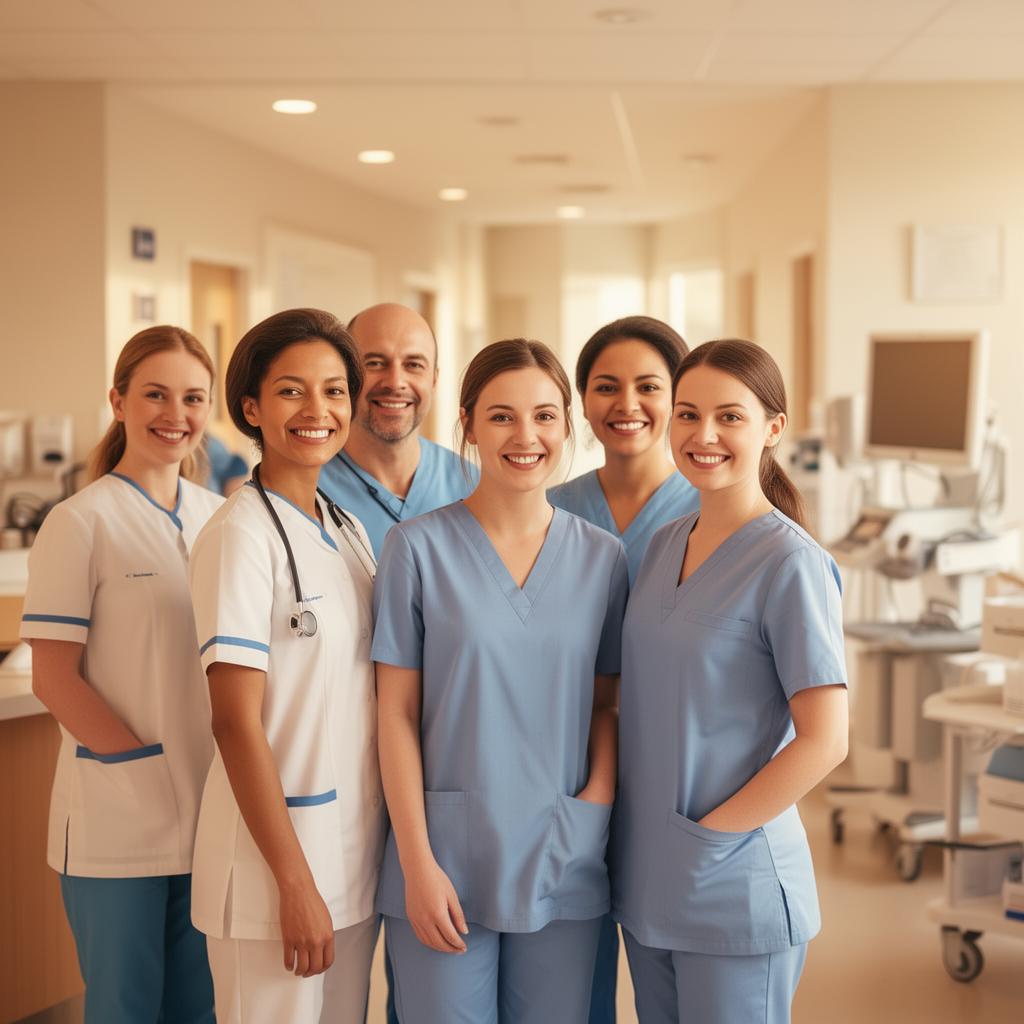 Care team smiling together in a bright care facility